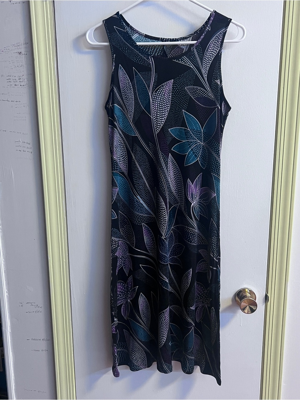 Silk 100% Sleeveless Black Floral Lounge Dress in Teal & Purple
